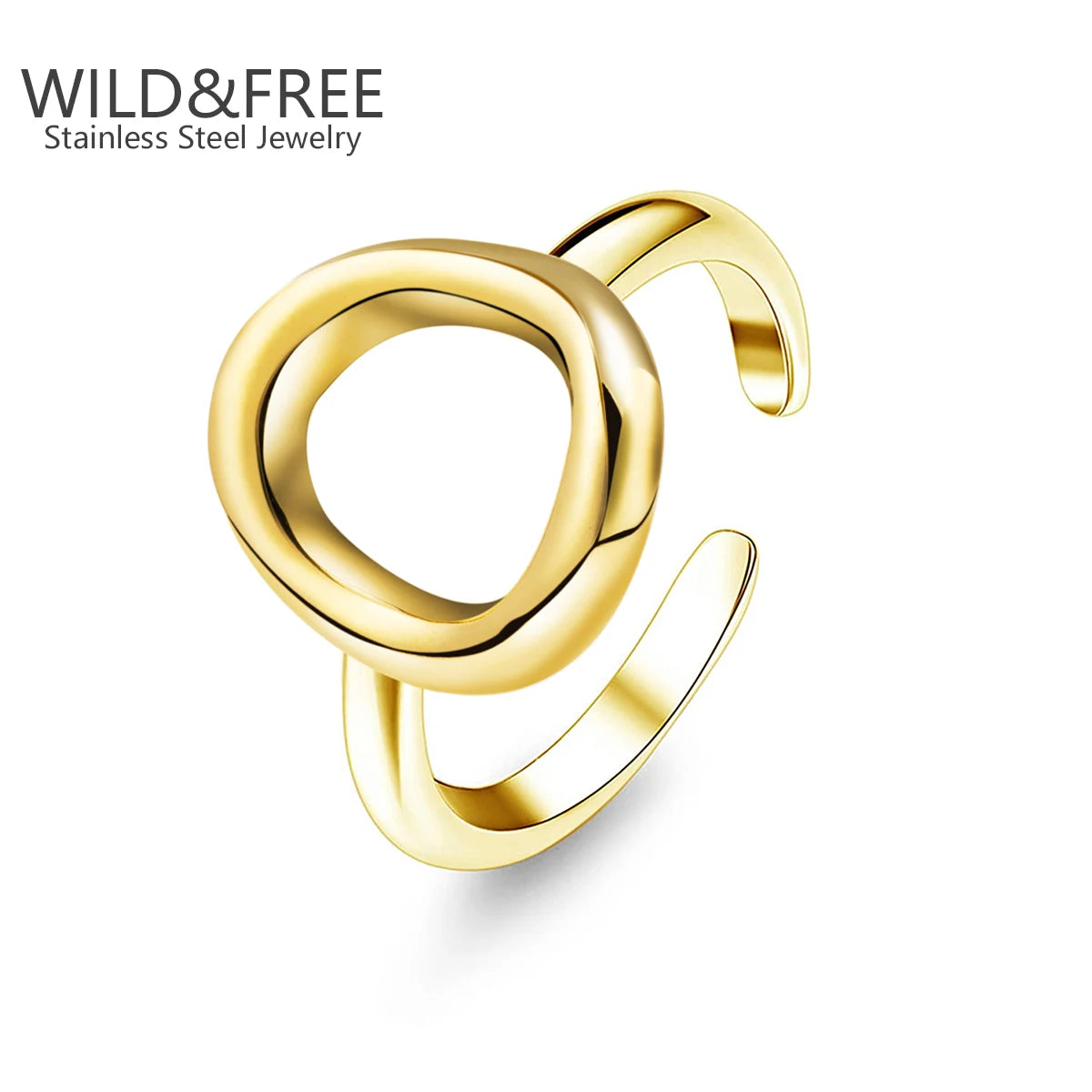 Gold Plated Trendy Stainless Steel Rings For Women Simple Style Round Hollow out Rings Party Jewelry Adjustable Open Finger Ring
