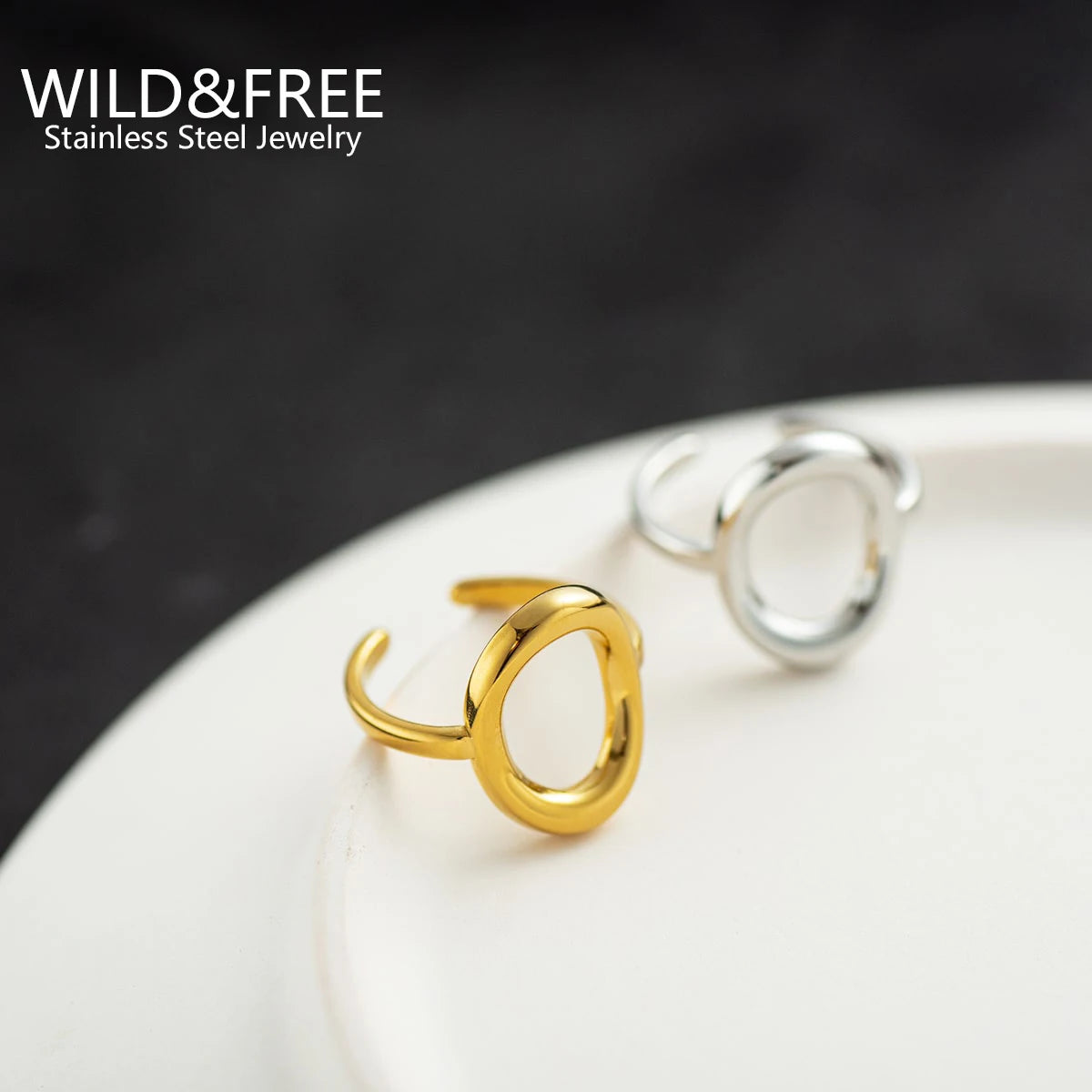 Gold Plated Trendy Stainless Steel Rings For Women Simple Style Round Hollow out Rings Party Jewelry Adjustable Open Finger Ring