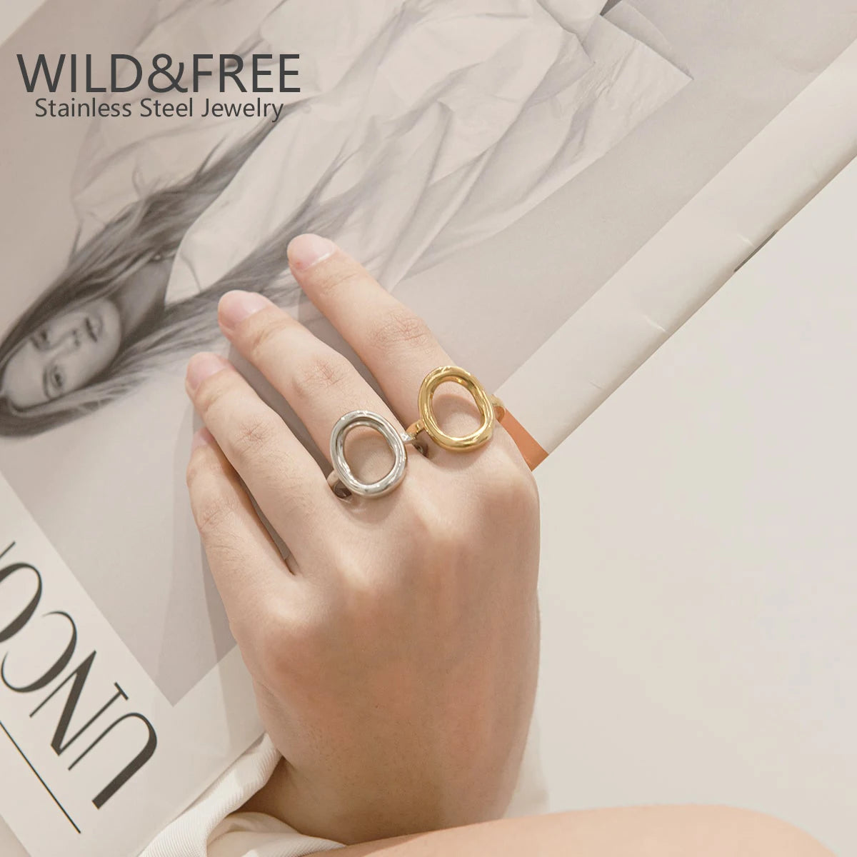 Gold Plated Trendy Stainless Steel Rings For Women Simple Style Round Hollow out Rings Party Jewelry Adjustable Open Finger Ring