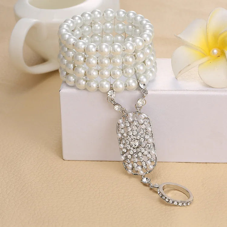 The Great Gatsby Bracelets Bella Fashion Pearl Bridal jewelry Bridal Bridesmaid Clear Stretch Austrian Bracelet Set for Women