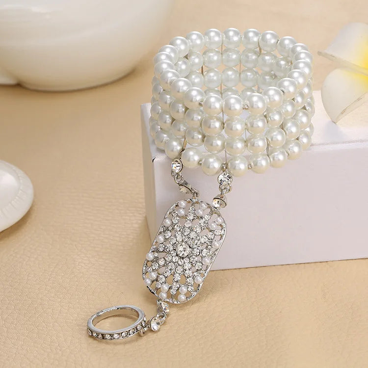 The Great Gatsby Bracelets Bella Fashion Pearl Bridal jewelry Bridal Bridesmaid Clear Stretch Austrian Bracelet Set for Women
