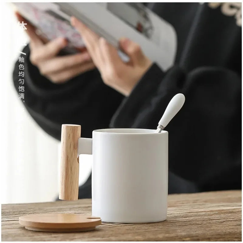 Wooden Handle Mugs with Lid and Spoon Coffee Milk Nordic Cups Drinkware Coffeeware Teaware Ceramic Cup Kitchen Accessories