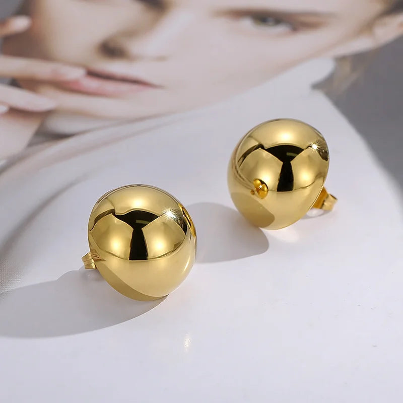 Elegant Stainless Steel Earrings for Women Round Hollow Hemisphere Polished Women's Ear Stud Simple French Party Wedding Jewelry