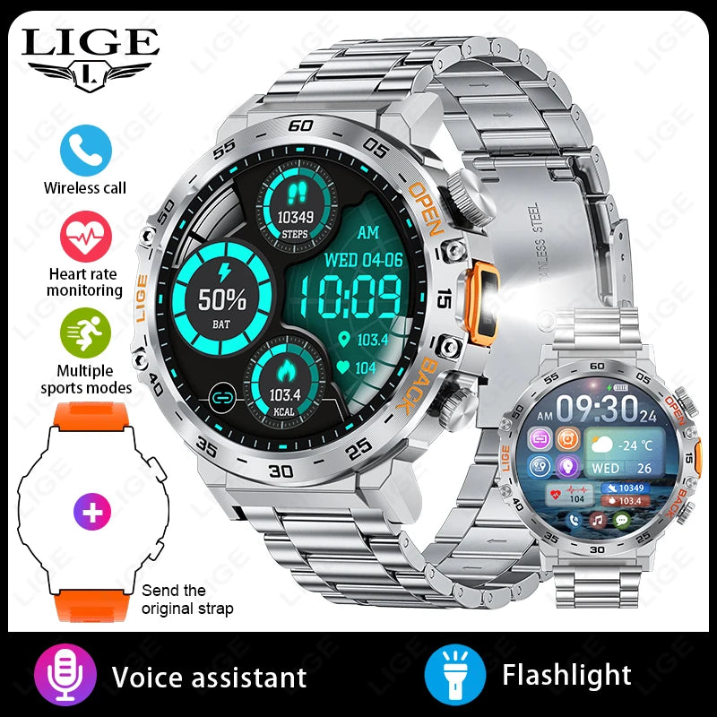 LIGE New Smart Watch Men Sport Watch Outdoor Flashlight 360*360 Ultra HD Screen Waterproof Fitness Bluetooth Call Men Smartwatch