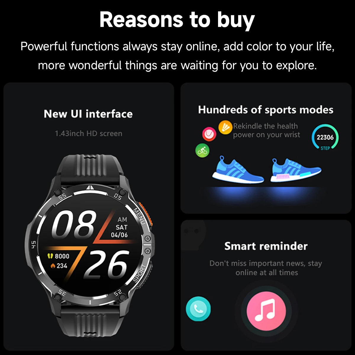 2025 Smart Watch 466*466 AMOLED Screen All Touch Health Monitoring Female Cycle Function Respiratory Training