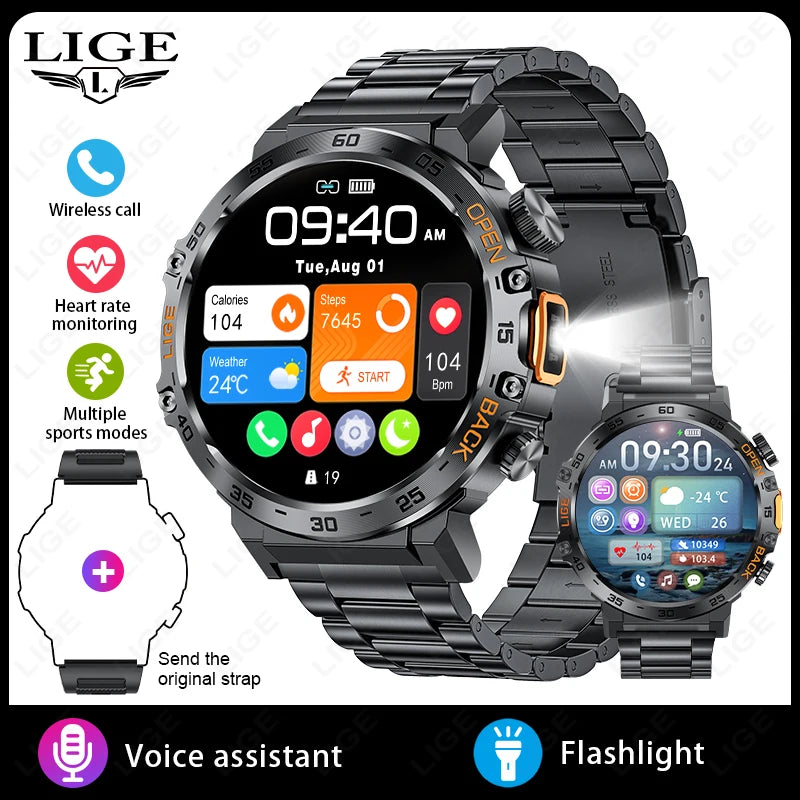 LIGE New Smart Watch Men Sport Watch Outdoor Flashlight 360*360 Ultra HD Screen Waterproof Fitness Bluetooth Call Men Smartwatch
