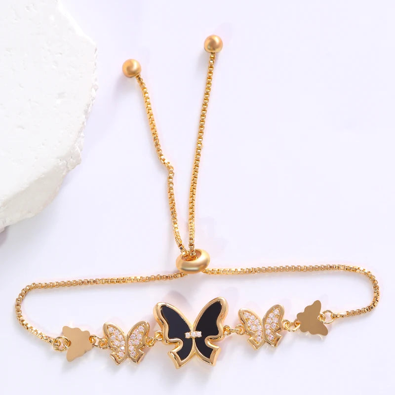 A delicate bracelet features multiple butterfly-shaped decorations set with zirconia, making it fashionable and versatile.