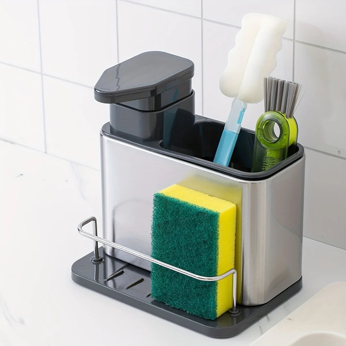 Kitchen Organizer Made of Stainless Steel - Includes a Dish Soap Dispenser, Sponge Holder, And Utensil Rack with a Drainage Tray