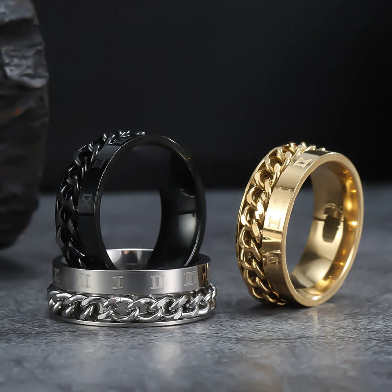 Stainless Steel Rings With Roman Numerals Rotating Anxiety Black Mens Jewelry Black Golden Silvery Color Couple Matching Stuff