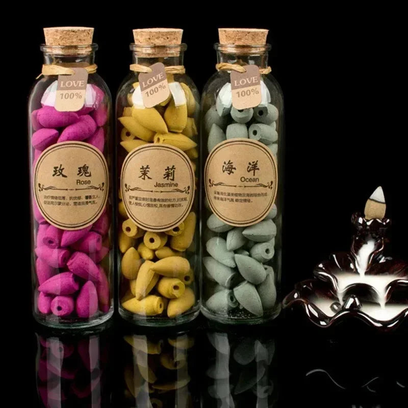 58Pcs Glass Bottle Package Flavor Can Choose Natural Smoke Backflow Incense Cones Hollow Cone Incense Sandalwood -Without Burner