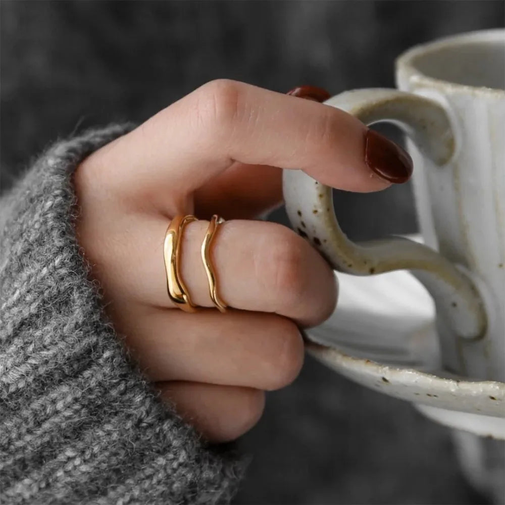 Ripple Stainless Steel Rings For women Gold Color Chunky Band Stackable Silver Stacking Irregular Wave Minimalist Jewelry Set