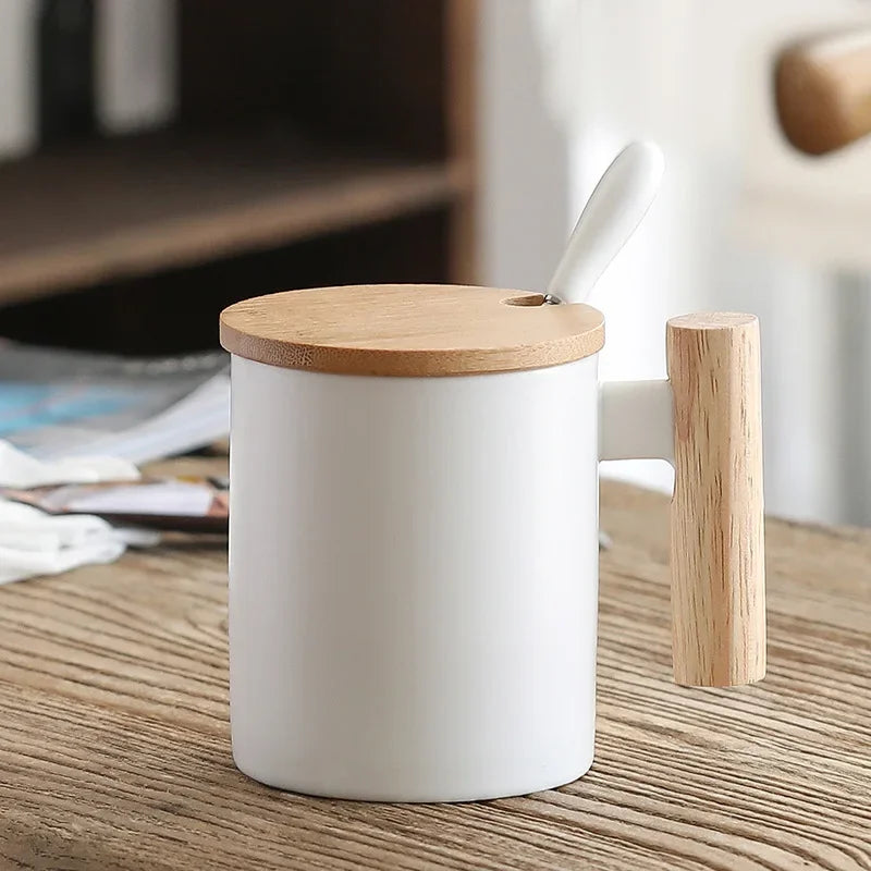 Wooden Handle Mugs with Lid and Spoon Coffee Milk Nordic Cups Drinkware Coffeeware Teaware Ceramic Cup Kitchen Accessories