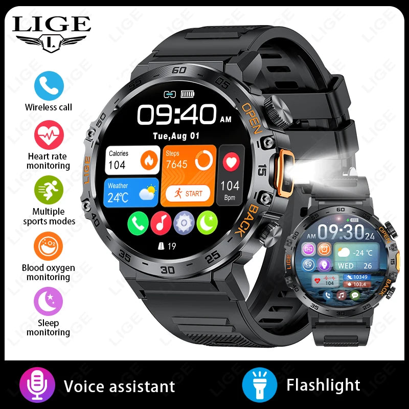 LIGE New Smart Watch Men Sport Watch Outdoor Flashlight 360*360 Ultra HD Screen Waterproof Fitness Bluetooth Call Men Smartwatch