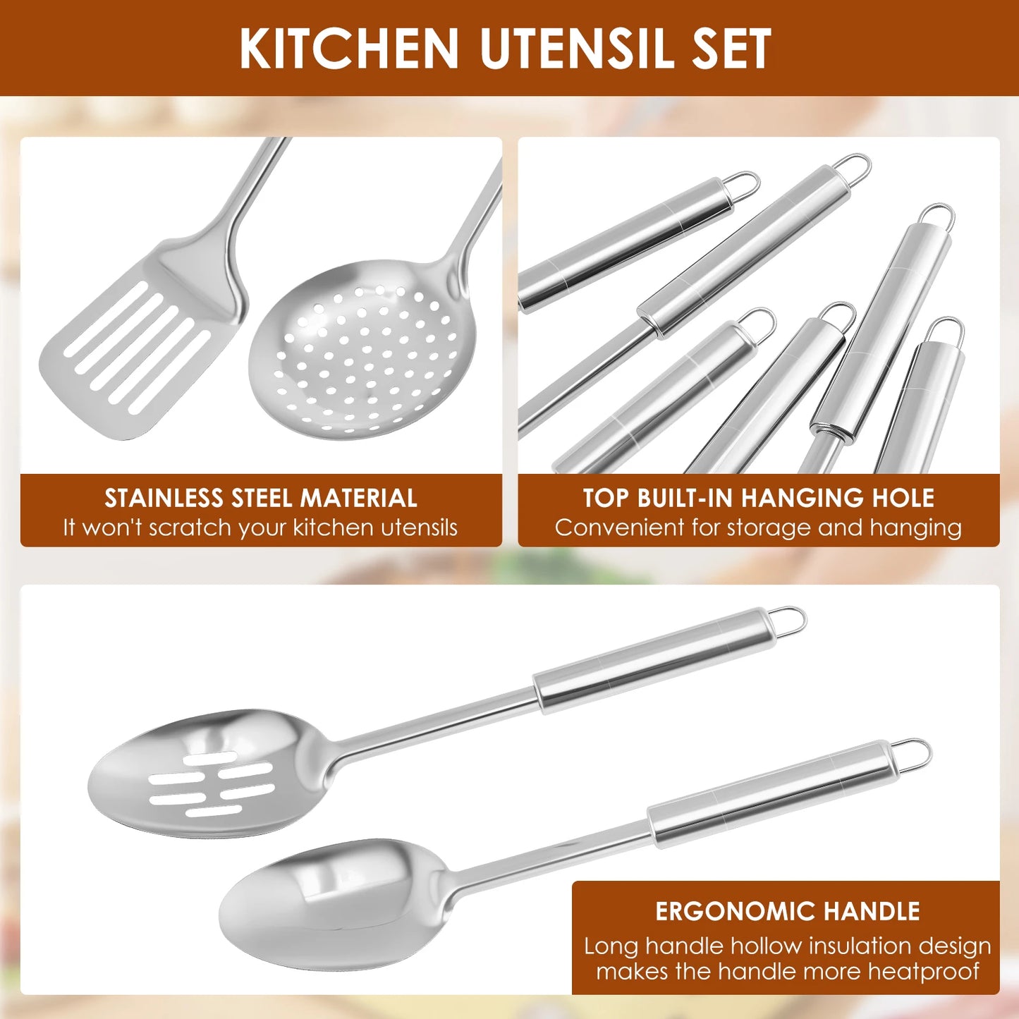 6Pcs Cooking Utensils Set Stainless Steel Kitchen Utensil Set Heat Resistant Wok Utensils Set Versatile Kitchen Cooking Utensils