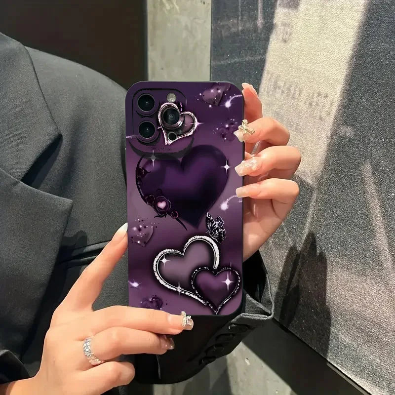 Purple Heart-Shaped Design TPU Phone Case For iPhone 16 Pro Cases iPhone 16E 11 12 13 14 15 Pro Max XS X XR 7 8 Plus SE2 Cover