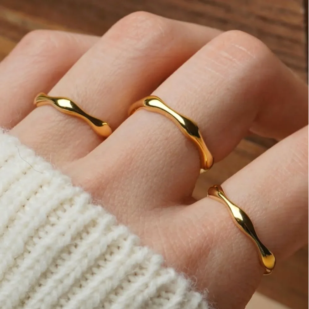 Ripple Stainless Steel Rings For women Gold Color Chunky Band Stackable Silver Stacking Irregular Wave Minimalist Jewelry Set