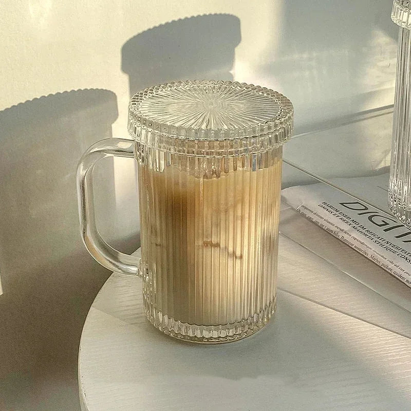 375Ml Stripe Glass Cup with Lid Straw Japanese Style Drinking Chic Mugs Milk Coffee Drinkware Tea Birthday Gifts whiskey Glasses