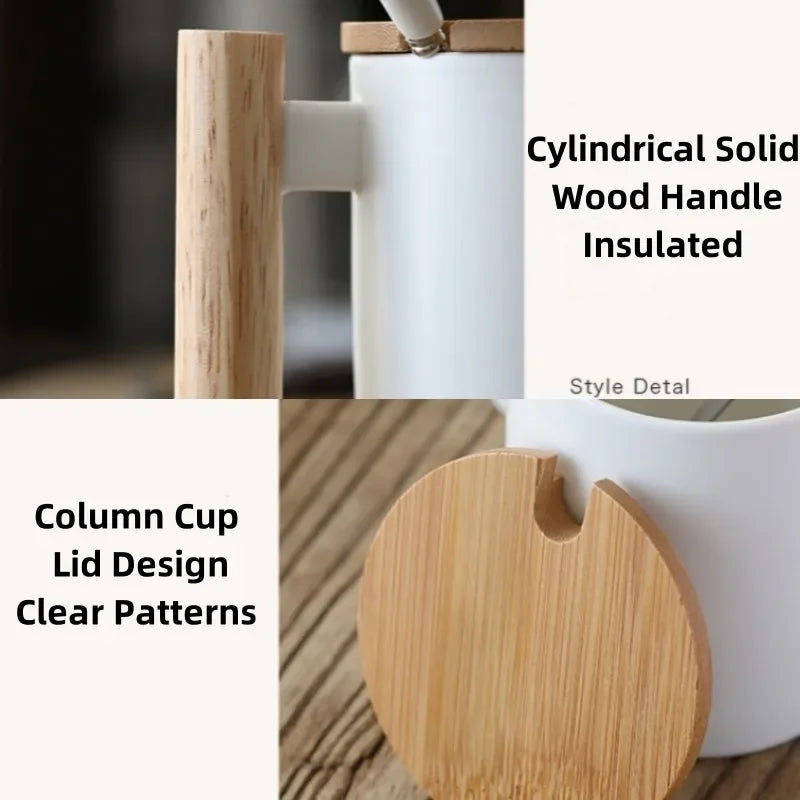 Wooden Handle Mugs with Lid and Spoon Coffee Milk Nordic Cups Drinkware Coffeeware Teaware Ceramic Cup Kitchen Accessories