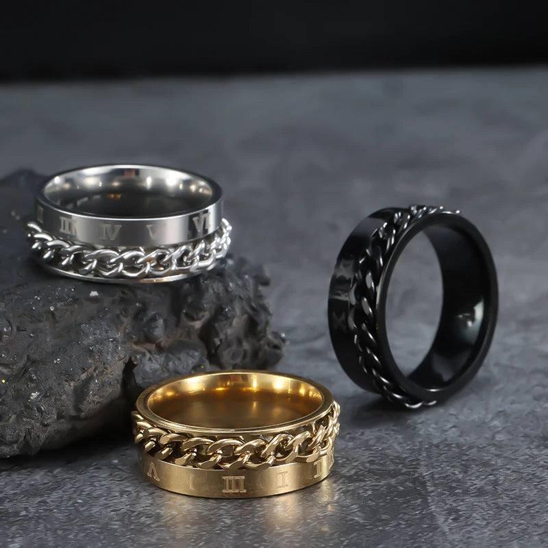 Stainless Steel Rings With Roman Numerals Rotating Anxiety Black Mens Jewelry Black Golden Silvery Color Couple Matching Stuff