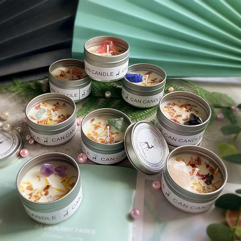 Aromatherapy Candles Crystal Stones Dried Flowers Household Candles Iron Cans Indoor Fragrance Candles Wedding Gifts