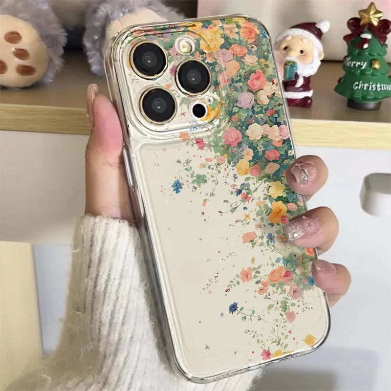 Flower Transparent Phone Case For iPhone 16 15 13 14 12 11 Pro Max Cases 15 14 16 Plus Soft Shockproof Clear Protection Cover
