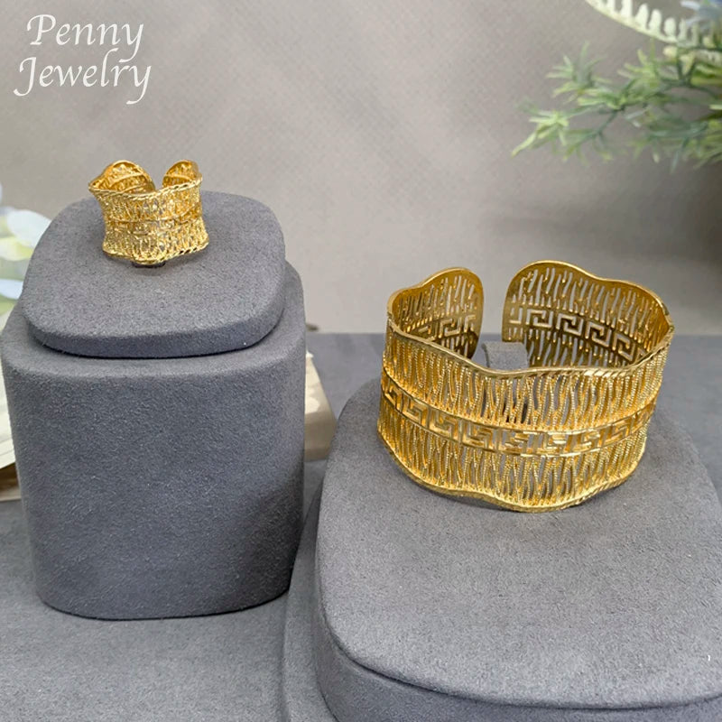 Women Bangle Bracelet Ring Sets Original Exquisite 18K Gold Plated Jewelry Set African Bridal Wedding Party Gifts Jewellery Sets