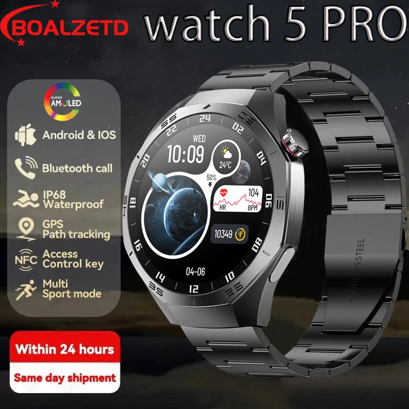 2025 New Smart Watch Men Watch 5 Pro 1.52 AMOLED Screen Bluetooth Call GPS Trajectory NFC Heart Rate Dynamic Lsland SmartWatches