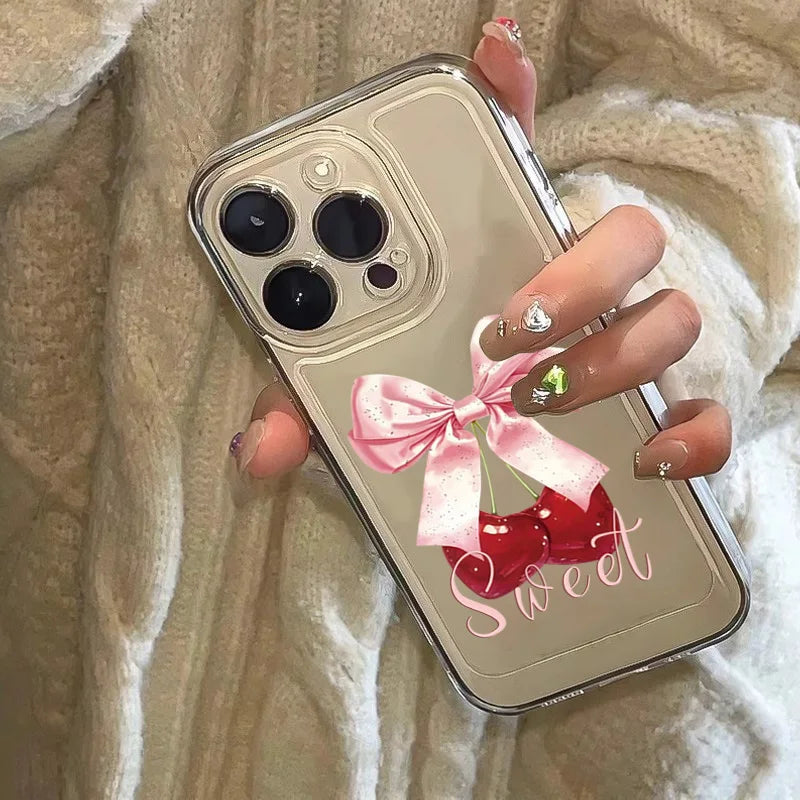Phone Case For iPhone 16 Cases iPhone 16E 13 15 14 12 11 Pro Max 7 8 Plus X XS XR SE2 Cherry-Colored Transparent Printed Cover