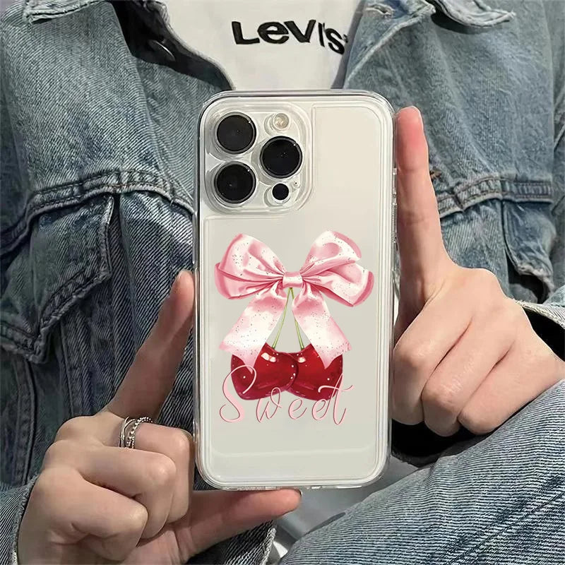 Phone Case For iPhone 16 Cases iPhone 16E 13 15 14 12 11 Pro Max 7 8 Plus X XS XR SE2 Cherry-Colored Transparent Printed Cover
