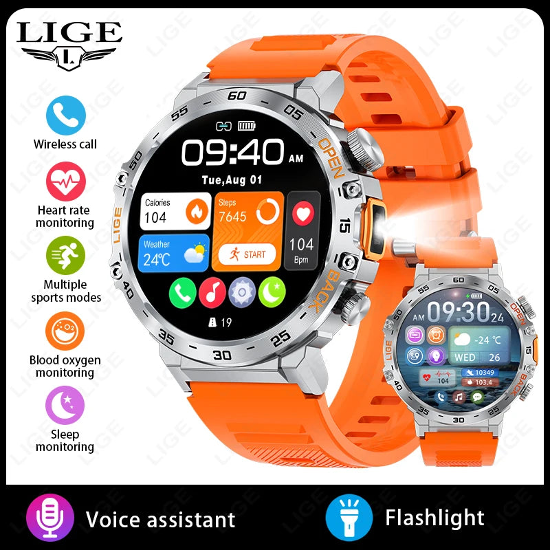 LIGE New Smart Watch Men Sport Watch Outdoor Flashlight 360*360 Ultra HD Screen Waterproof Fitness Bluetooth Call Men Smartwatch