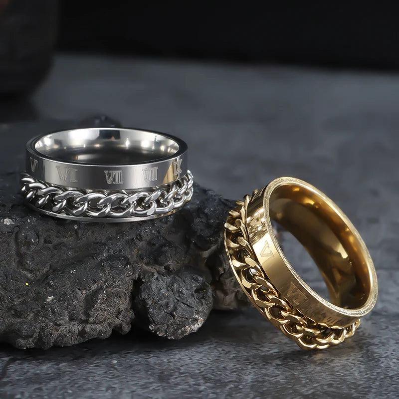 Stainless Steel Rings With Roman Numerals Rotating Anxiety Black Mens Jewelry Black Golden Silvery Color Couple Matching Stuff