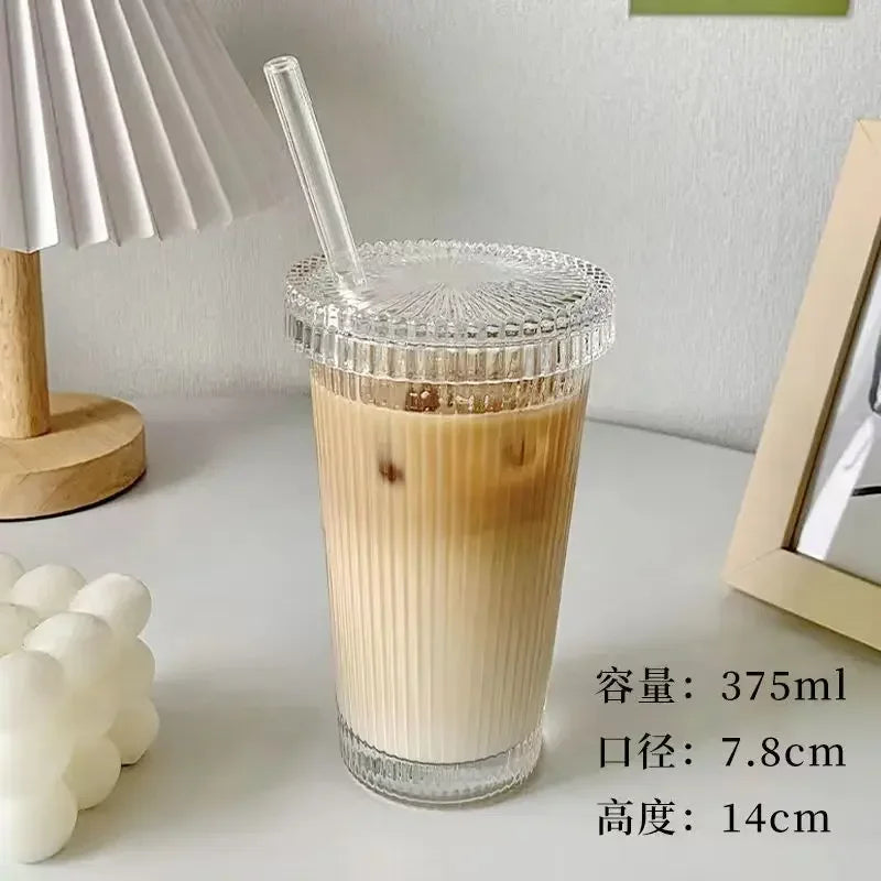 375Ml Stripe Glass Cup with Lid Straw Japanese Style Drinking Chic Mugs Milk Coffee Drinkware Tea Birthday Gifts whiskey Glasses
