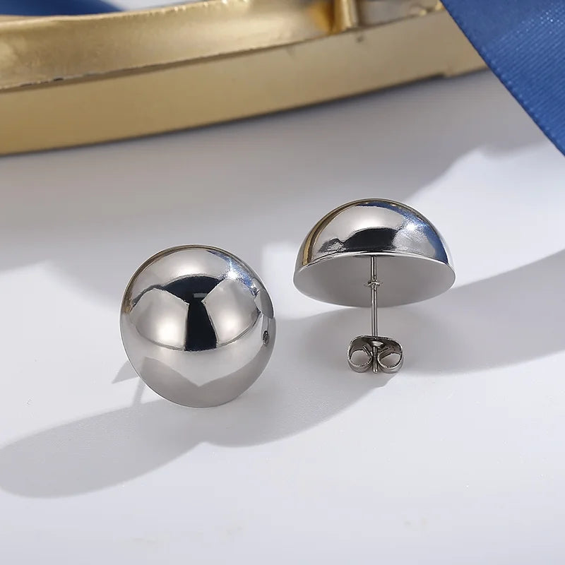 Elegant Stainless Steel Earrings for Women Round Hollow Hemisphere Polished Women's Ear Stud Simple French Party Wedding Jewelry