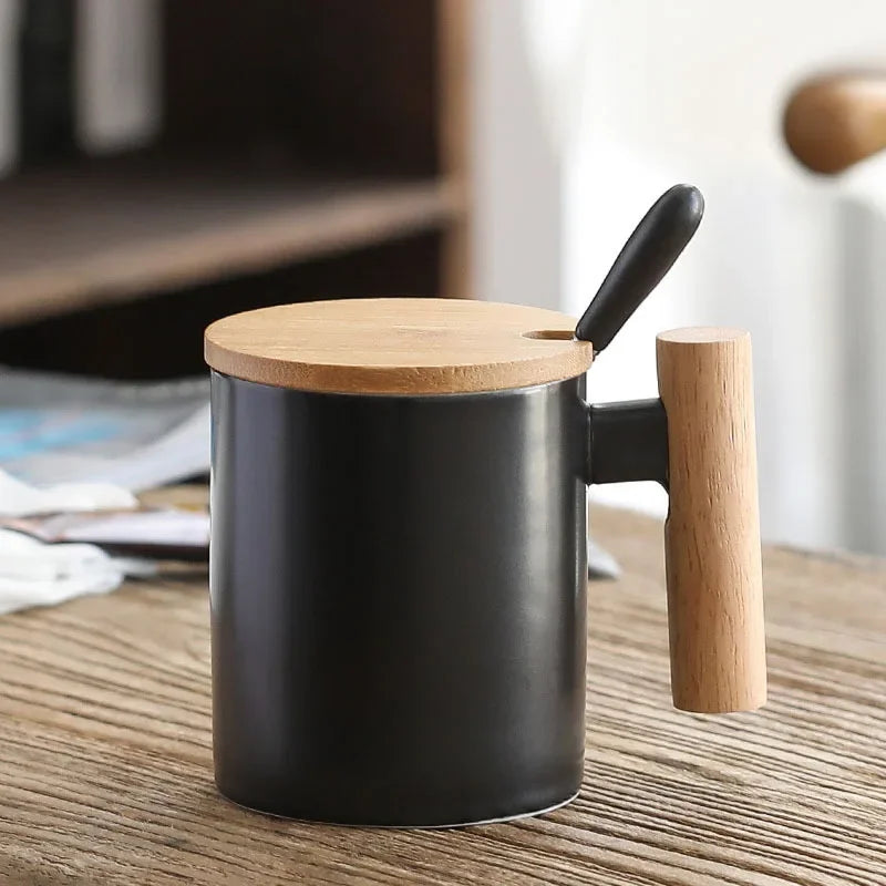 Wooden Handle Mugs with Lid and Spoon Coffee Milk Nordic Cups Drinkware Coffeeware Teaware Ceramic Cup Kitchen Accessories