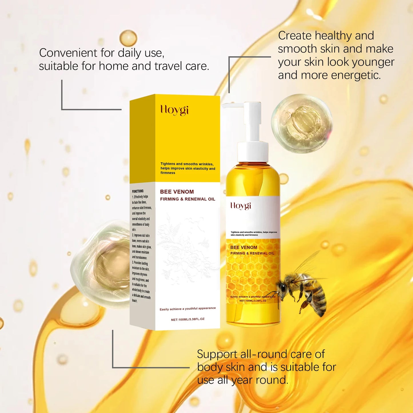 Bee Venom Firming Body Oil Nourishing Full Body Use Improve Dullness Tightening Contouring Moisturizing Care for Smooth Skin