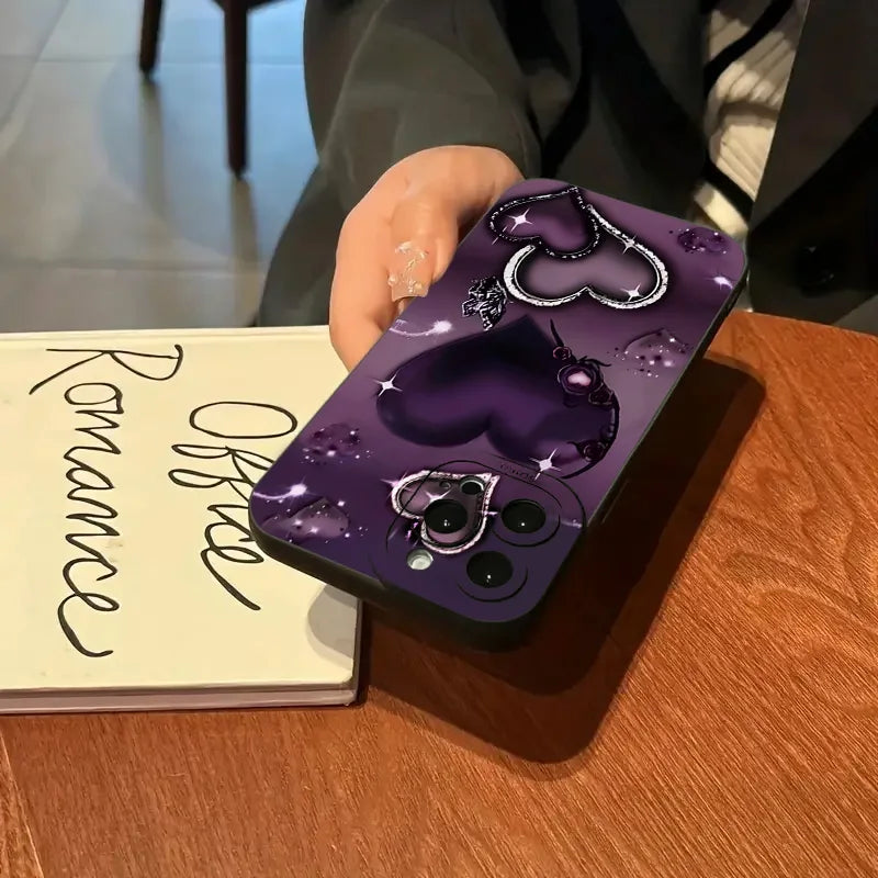 Purple Heart-Shaped Design TPU Phone Case For iPhone 16 Pro Cases iPhone 16E 11 12 13 14 15 Pro Max XS X XR 7 8 Plus SE2 Cover