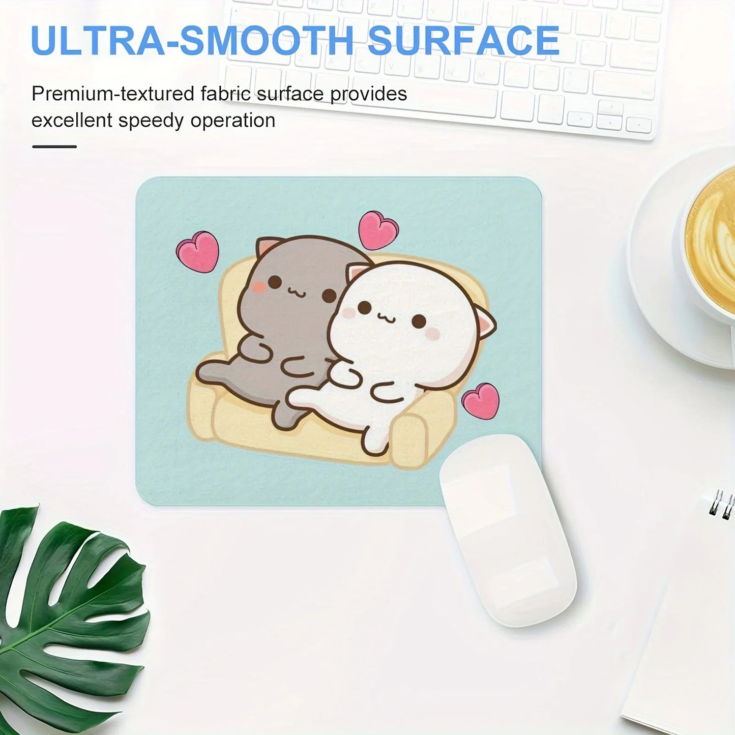 Cute Cat Peach Mouse Pad Non-Slip Rubber Pink and White Mousepad Desk Accessory Thick 3mm Office Gamer Accessories Desk Pad