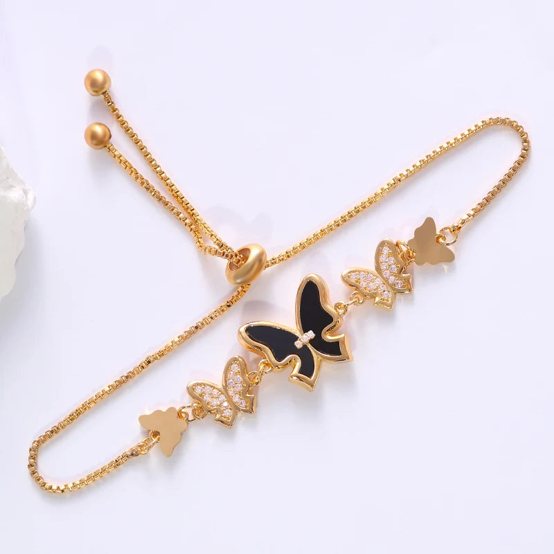 A delicate bracelet features multiple butterfly-shaped decorations set with zirconia, making it fashionable and versatile.