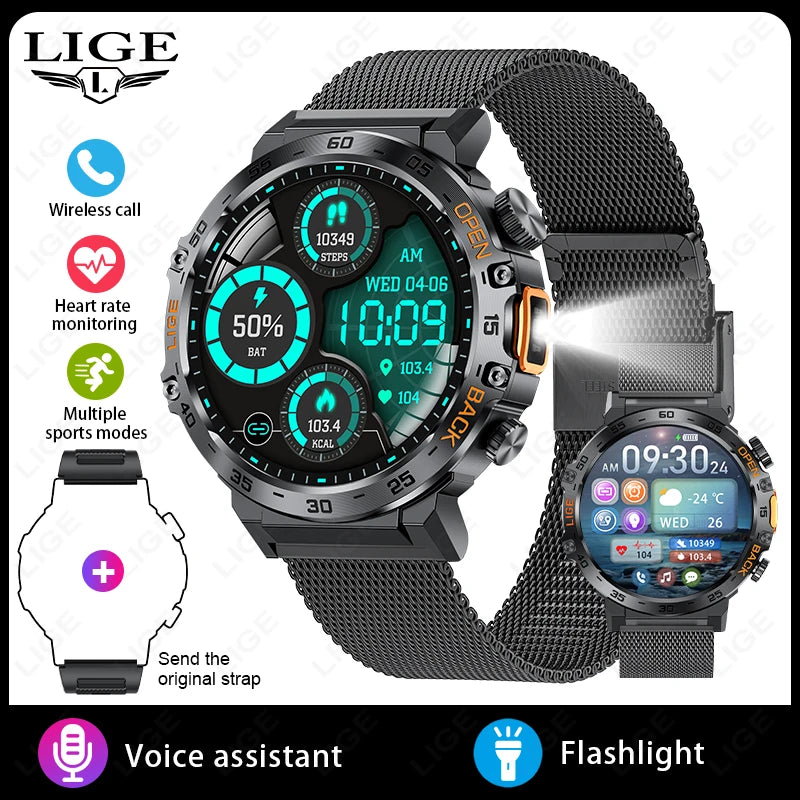 LIGE New Smart Watch Men Sport Watch Outdoor Flashlight 360*360 Ultra HD Screen Waterproof Fitness Bluetooth Call Men Smartwatch