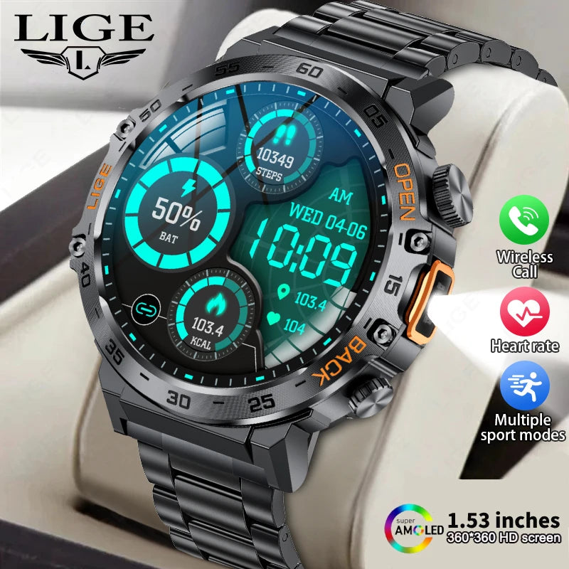 LIGE New Smart Watch Men Sport Watch Outdoor Flashlight 360*360 Ultra HD Screen Waterproof Fitness Bluetooth Call Men Smartwatch
