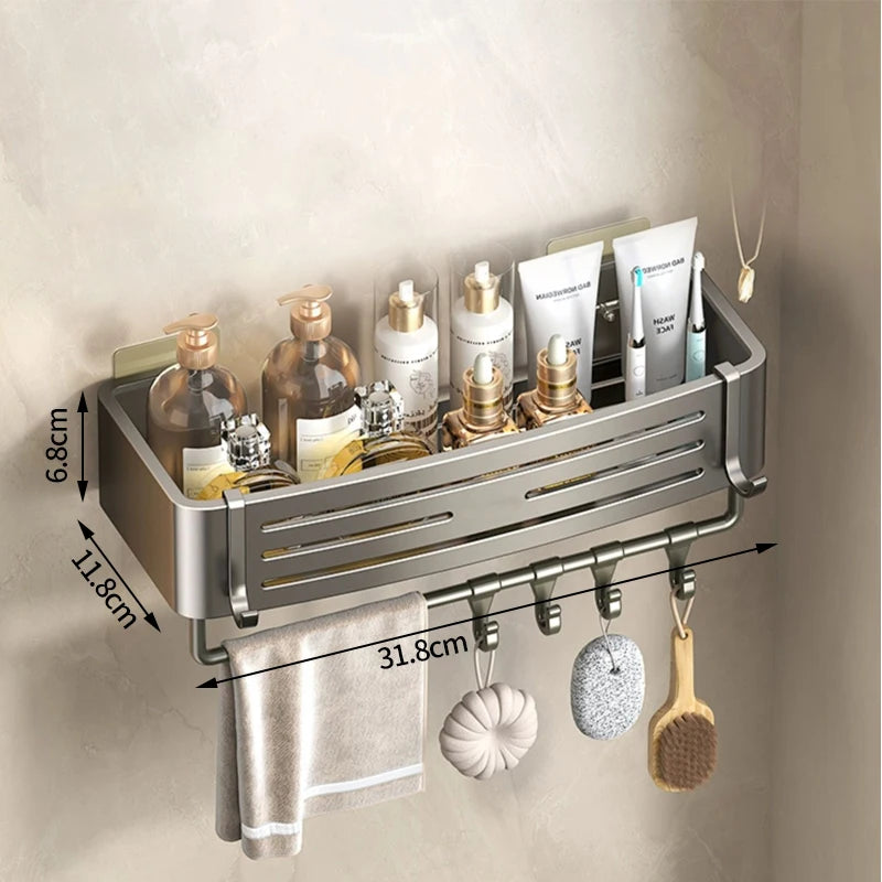 No-Drill Bathroom Shelf Shelves Shampoo Makeup Storage Holder Kitchen Organizer Wall Mounted Bathroom Accessories Aluminum Alloy