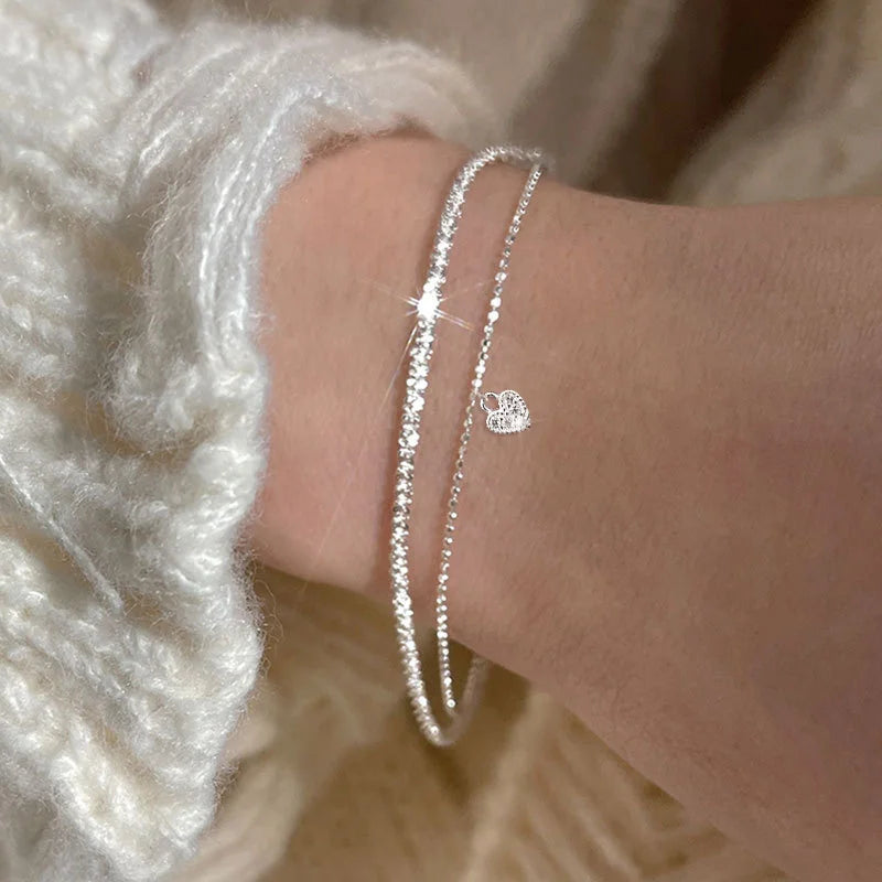 Sparkling Bracelet For Women Double-deck Silver Color Adjustable Hand Chain Fine Fashion Jewelry Wedding Party Gift Accessories