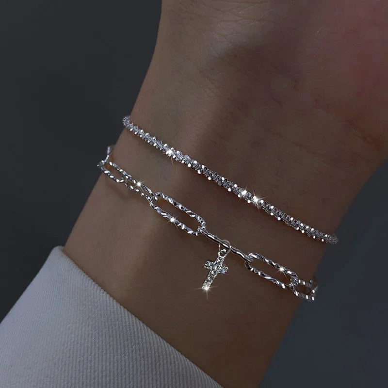 Sparkling Bracelet For Women Double-deck Silver Color Adjustable Hand Chain Fine Fashion Jewelry Wedding Party Gift Accessories