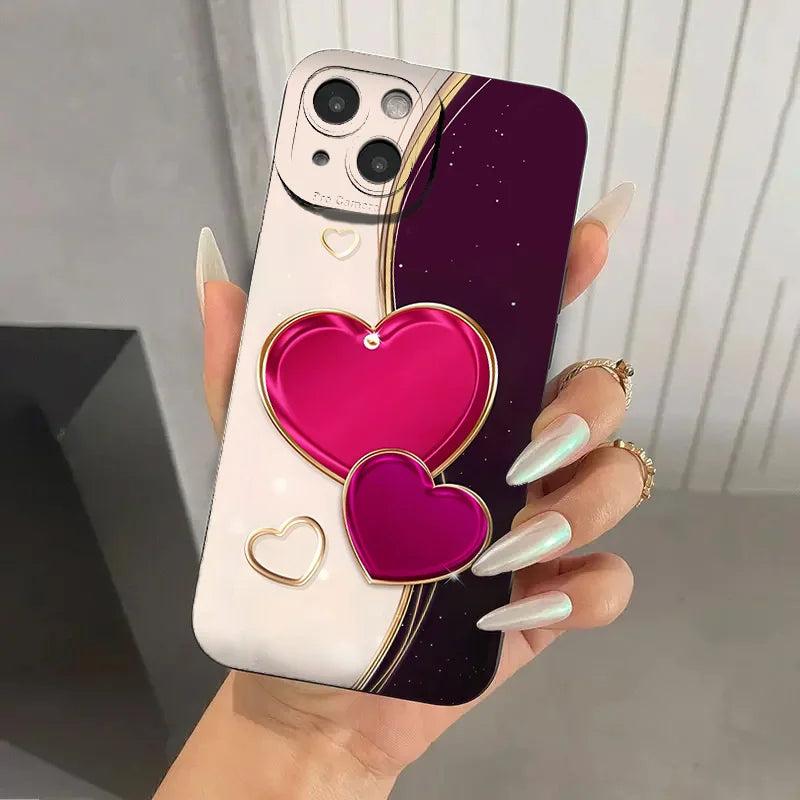 Purple Heart-Shaped Design TPU Phone Case For iPhone 16 Pro Cases iPhone 16E 11 12 13 14 15 Pro Max XS X XR 7 8 Plus SE2 Cover