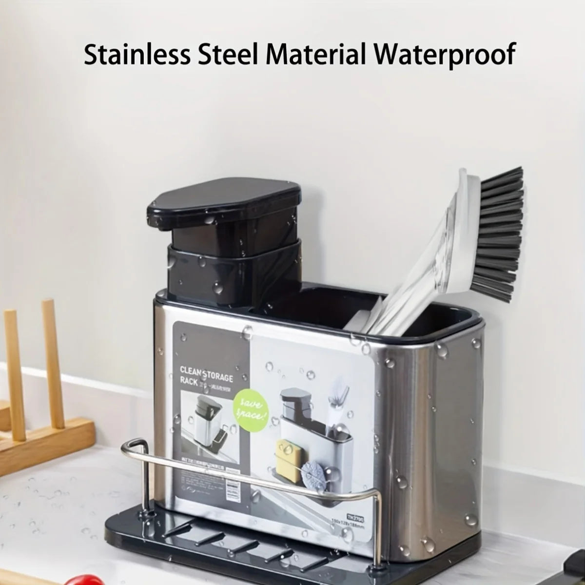 Kitchen Organizer Made of Stainless Steel - Includes a Dish Soap Dispenser, Sponge Holder, And Utensil Rack with a Drainage Tray