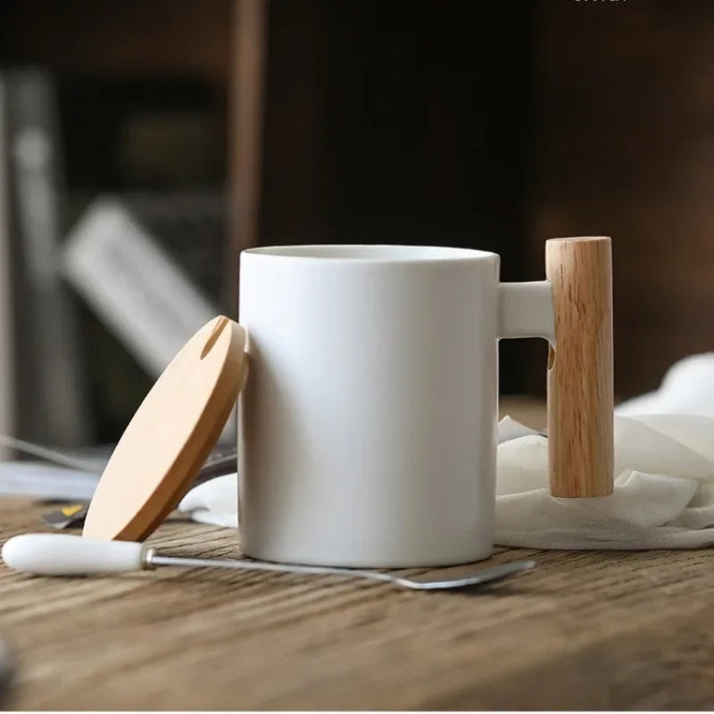 Wooden Handle Mugs with Lid and Spoon Coffee Milk Nordic Cups Drinkware Coffeeware Teaware Ceramic Cup Kitchen Accessories