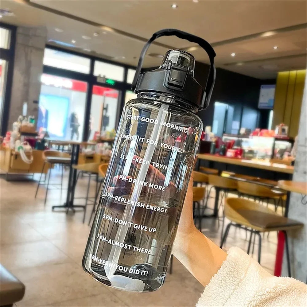 2L Water Bottle with Time Marker, Leak Proof, Non-Slip, Plastic Portable Travel Water Bottle Fitness Cup With Cute Stickes