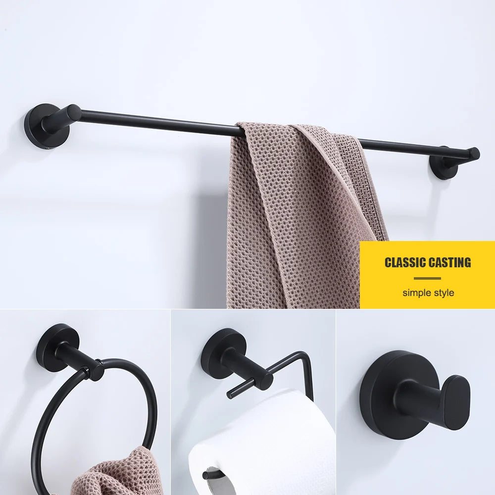Bathroom Hardware Black Robe Hook Towel Rail Bar Rack Bar Shelf Tissue Paper Holder Toothbrush Holder Bathroom Accessories