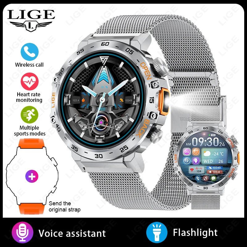LIGE New Smart Watch Men Sport Watch Outdoor Flashlight 360*360 Ultra HD Screen Waterproof Fitness Bluetooth Call Men Smartwatch