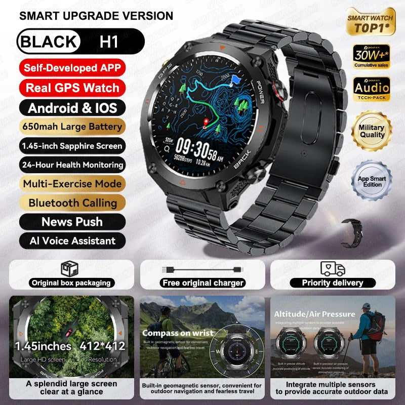 2024 New GPS Smart Watch 1.45" Ultra HD Display Built-in GPS & Compass Make/Receive Phone Calls 650mAh Battery Smart Braceletes